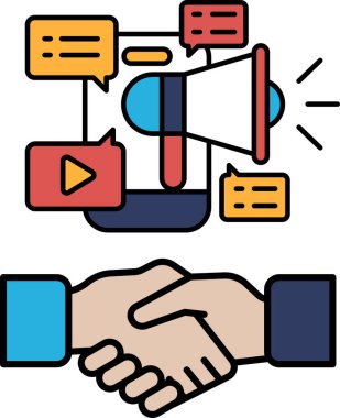 Arka planda büyük bir hoparlör olan bir el sıkışıyor. Konuşmacı bir iletişim ve işbirliği sembolüdür.