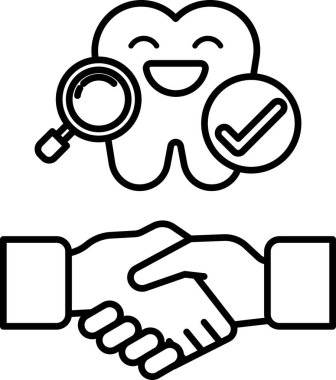 Üzerinde büyüteç olan gülümseyen bir diş. Diş bir tokalaşmayla çevrilidir. Güven ve dostluk kavramı