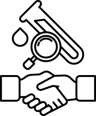 Arka planda bir test tüpü ve mikroskop ile el sıkışan iki elin siyah beyaz çizimi. İşbirliği ve bilimsel keşif kavramı