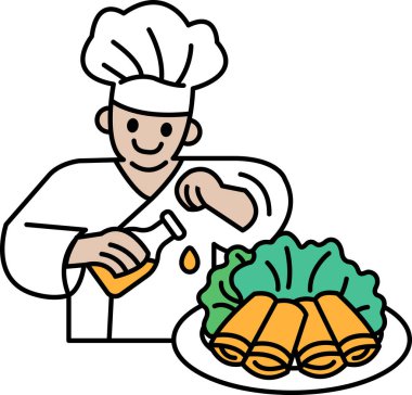 Bir şef bir şişe yağla yemek hazırlıyor. Şef gülümsüyor ve yemek pişirme sürecinin tadını çıkarıyor. Yemek, marul da dahil olmak üzere çeşitli malzemelerle dolu bir tabak yemekten oluşur.