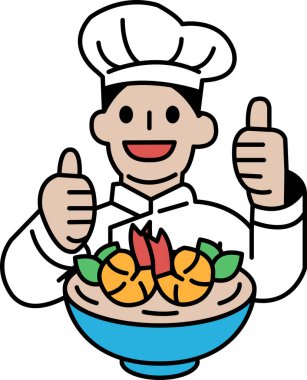Bir şef bir kase yiyeceğe onay veriyor. Kase portakal ve havuç da dahil olmak üzere çeşitli meyve ve sebzelerle doludur. Şef beyaz önlük ve şef şapkası takıyor.