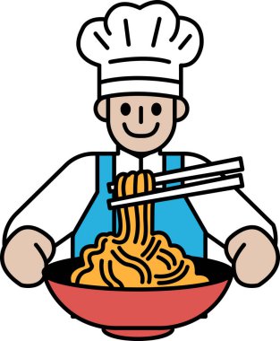 Bir çizgi film şefi elinde bir kase erişte tutuyor ve gülümsüyor. Mutluluk kavramı ve yiyeceğin keyfi