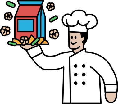 Bir şef bir torba yiyecek tutuyor ve gülümsüyor. Mutluluk ve memnuniyet kavramı, şef yarattığıyla gurur duyar ve bunu başkalarıyla paylaşmaya heveslidir.