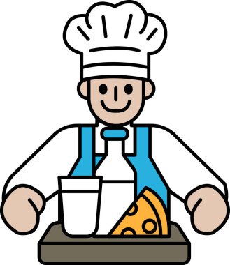 Bir çizgi film şefi gülümsüyor ve elinde bir bardak süt ve bir dilim peynirle tepsi tutuyor.