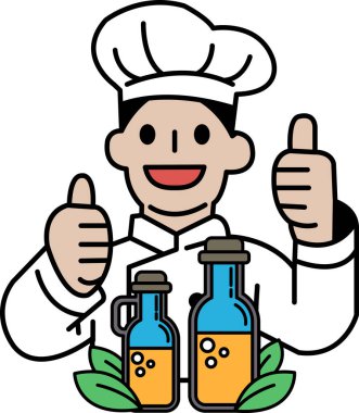 Bir şef bir şişe portakal suyuna onay veriyor. Şişe bir şişe yeşil meyve suyunun yanında.