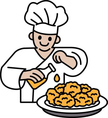 Bir şef bir tabak yiyeceğe yağ döküyor. Şef gülümsüyor ve işinden zevk alıyor. Yemek tabağı kızarmış yiyecekle dolu, ve üzerine yağ dökülüyor.