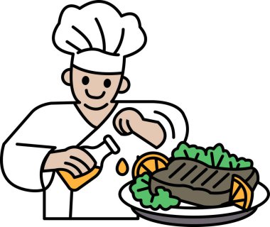 Bir şef bir şişe yağ ve bir tabak yemekle yemek hazırlıyor. Şef gülümsüyor ve yemek pişirme sürecinin tadını çıkarıyor. Sıcaklık ve mutluluk kavramı