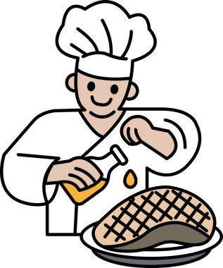 Bir şef bir parça et pişiriyor ve üzerine yağ döküyor. Şef gülümsüyor ve sürecin tadını çıkarıyor.