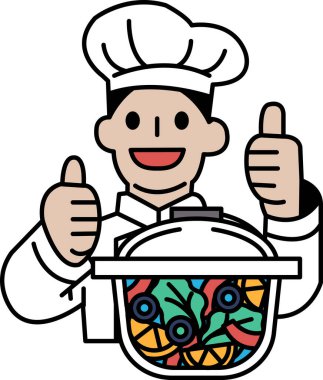 Bir aşçı bir tencere yiyeceğe onay veriyor. Tencere havuç, brokoli ve domates de dahil olmak üzere çeşitli sebzelerle dolu. Şef beyaz bir şapka ve önlük giyiyor.