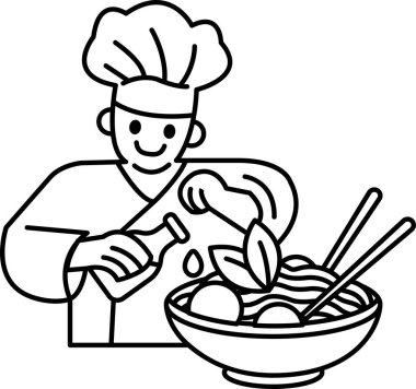 Bir şef bir şişe soslu erişte hazırlıyor. Şef gülümsüyor ve yemek pişirme sürecinin tadını çıkarıyor. Erişte kasesi masaya konur.