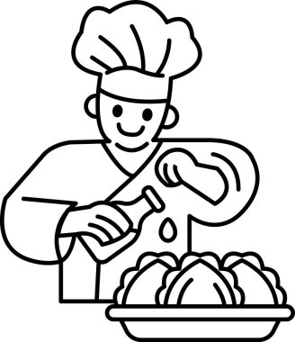 Bir şef mutfakta yemek hazırlıyor. Gülümsüyor ve eğleniyor. Onun hazırladığı yemek bir tabak sebzedir, tabakta yayılır.