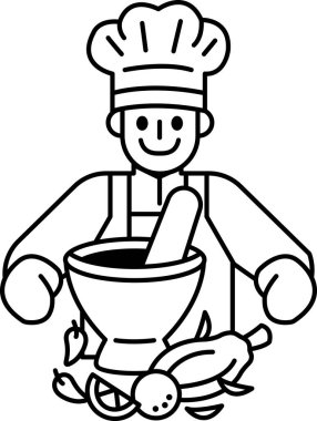 Bir şef gülümsüyor ve elinde havan topu ve tokmak tutuyor. Mutluluk ve sıcaklık kavramı, şef işini seviyor gibi görünüyor.