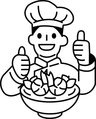 Bir aşçı bir kase yemek tutuyor ve baş parmağını kaldırıyor. Görüntü olumlu ve mutlu bir ruh hali veriyor. Bu da yemeğin lezzetli ve iyi hazırlanmış olduğunu gösteriyor.