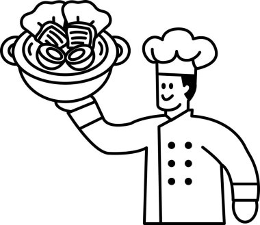 Bir şef içinde yemek olan bir tencere tutuyor. Şef gülümsüyor ve mutlu.