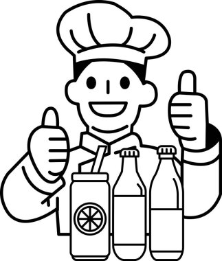 Bir şef ellerini kaldırıyor ve bir şişe sodaya başparmak kaldırıyor. Onaylama ve içecekten tatmin olma kavramı