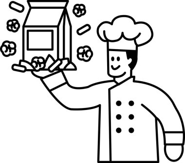 Bir şef elinde patlamış mısır dolu bir çanta tutuyor ve gülümsüyor. Eğlence ve keyif kavramı, çünkü şef muhtemelen patlamış mısırı başkalarıyla paylaşmaya hazırlanıyor.