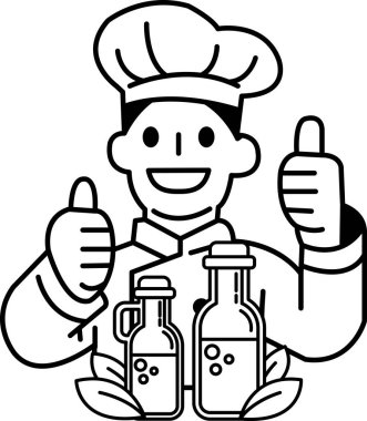 Bir şef iki şişe tutuyor ve baş parmağını kaldırıyor. Görüntü, şefin yaptığı işle ya da sergilediği ürünlerle gurur duyduğunu gösteriyor.