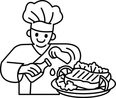 Bir şef bir şişe sosla yemek hazırlıyor. Şef gülümsüyor ve yemek pişirme sürecinin tadını çıkarıyor. Yemek ızgara balık, salata ve bir şişe sostan oluşuyor.