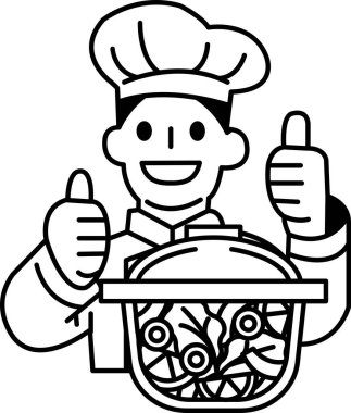 Bir şef gülümsüyor ve bir tencere yiyeceğe başparmak kaldırıyor. Yemek bir salata.