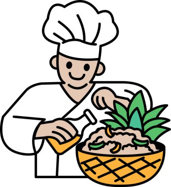 Bir şef kasede ananasla salata yapıyor. Şef gülümsüyor ve salata yapma sürecinin tadını çıkarıyor.