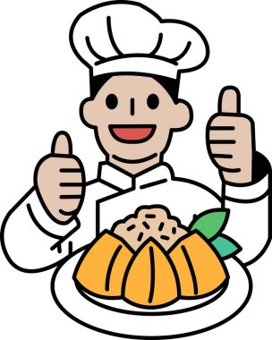 Bir şef bir tabak yemek tutuyor ve baş parmağını kaldırıyor. Görüntü olumlu ve mutlu bir ruh hali veriyor. Bu da yemeğin lezzetli ve iyi hazırlanmış olduğunu gösteriyor.