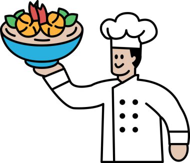 Bir şef bir kase yemek tutuyor ve gülümsüyor. Kase sebze ve meyve de dahil olmak üzere çeşitli gıda maddeleriyle doludur. Şefin ifadesi, eseriyle gurur duyduğunu gösteriyor.