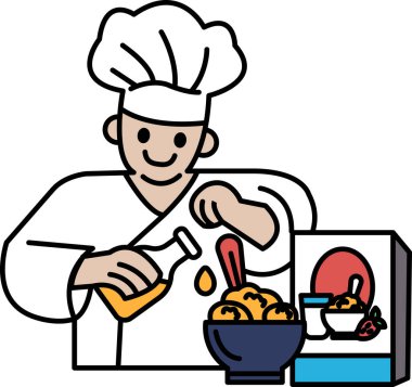 Bir şef bir şişe şurupla bir kase mısır gevreği yapıyor. Sıcaklık ve rahatlık kavramı. Şef, birinin eğlenmesi için yemek hazırlıyor.