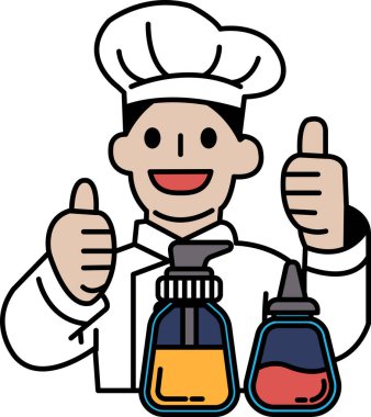 Bir şef, bir şişe acı sos ve bir şişe ketçapa onay veriyor. Şef beyaz bir şapka ve beyaz bir gömlek giyiyor.