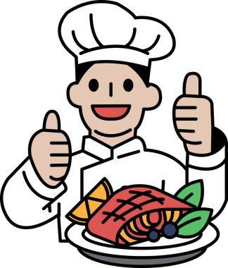 Bir şef bir tabak yemek tutuyor ve baş parmağını kaldırıyor. Tabakta balık, sebze ve meyve dahil olmak üzere çeşitli besin maddeleri vardır. Şefin ifadesi mutlu ve pozitif.