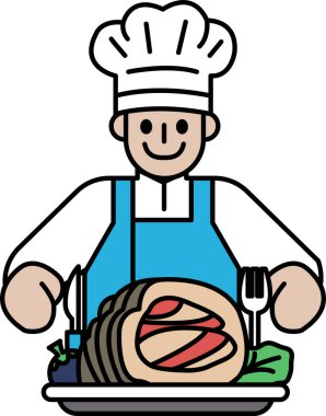 Çizgi film şefi gülümsüyor ve elinde çatal ve bıçakla bir tabak yemek tutuyor. Tabaktaki yemek sebzeli rosto.