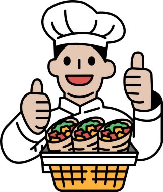 Bir şef bir sepet yemek tutuyor ve başparmağını kaldırıyor. Görüntü olumlu ve mutlu bir ruh hali veriyor. Bu da yemeğin lezzetli ve iyi hazırlanmış olduğunu gösteriyor.
