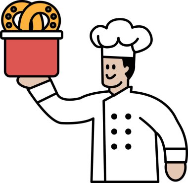 Bir şef elinde bir sepet çörek tutuyor ve gülümsüyor. Mutluluk kavramı ve yiyeceğin keyfi