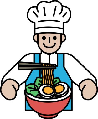 Bir çizgi film şefi elinde bir kase ramen eriştesi tutuyor ve gülümsüyor. Şef beyaz bir önlük ve beyaz bir şef şapkası giyiyor.