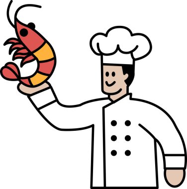 Bir şef elinde bir karides tutuyor. Şefin gülümsemesi ve karidesi komik bir şekilde tutması gibi resmin neşeli ve neşeli bir havası var.