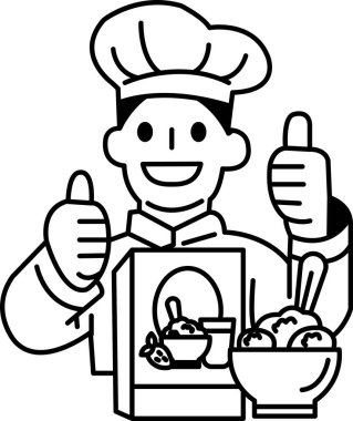 Bir şef bir kutu yiyecek tutuyor ve başparmağını kaldırıyor. Kutunun üzerinde 