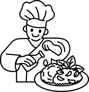 Bir şef bir şişe yağla yemek hazırlıyor. Şef gülümsüyor ve yemek pişirme sürecinin tadını çıkarıyor. Yemek brokoli ve havuç da dahil olmak üzere çeşitli sebzelerle dolu bir salatadan oluşur.