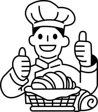 Bir şef gülümsüyor ve bir sepet yiyeceğe başparmak kaldırıyor. Onaylama ve yemekten tatmin olma kavramı