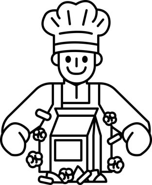 Bir şef gülümsüyor ve elinde bir kutu yiyecek tutuyor. Şef şapka ve önlük takıyor.