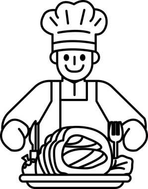 Bir şef gülümsüyor ve çatal bıçak tutuyor. O bir önlük ve bir şef şapkası giyiyor.