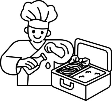 Bir şef siyah beyaz bir resimde yemek pişiriyor. Şef gülümsüyor ve işinden zevk alıyor. Pişirdiği yemek siyah-beyaz bir kutunun içinde.