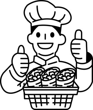 Bir şef bir sepet yemek tutuyor ve başparmağını kaldırıyor. Görüntü olumlu ve mutlu bir ruh hali veriyor. Bu da yemeğin lezzetli ve iyi hazırlanmış olduğunu gösteriyor.