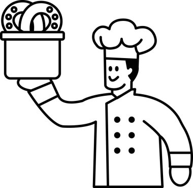 Bir şef bir sepet donut tutuyor. Şef gülümsüyor ve mutlu.