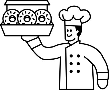 Bir şef, kutusunda üç çörek olan bir kutu çörek tutuyor. Şef beyaz bir ceket ve bir şef şapkası giyiyor ve kutuyu tutarken gülümsüyor. Çörekler yeni yapılmış gibi görünüyor.