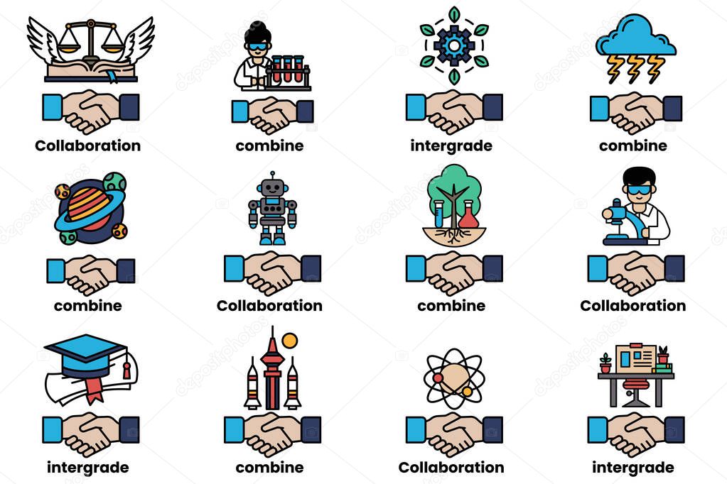 A hand holding another hand, with a variety of different symbols and images surrounding them. The hand holding the other hand is surrounded by a variety of different symbols, including a robot, a tree