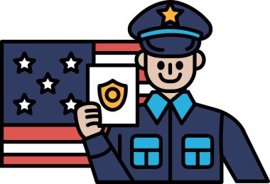 Elinde pasaport tutan mavi üniformalı bir adam. Adam gülümsüyor ve arka planda Amerikan bayrağı var.