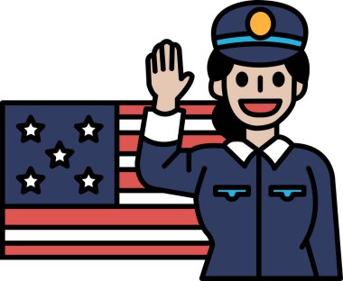 Mavi üniformalı bir kadın Amerikan bayrağının önünde kameraya el sallıyor. Ülkenizde vatanseverlik ve gurur kavramı