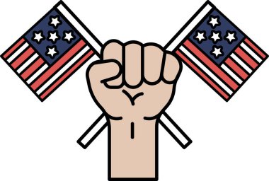 İki Amerikan bayrağı tutan bir yumruk. Yumruk yumruk pompasında kaldırılır. Bayrak kırmızı, beyaz ve mavi