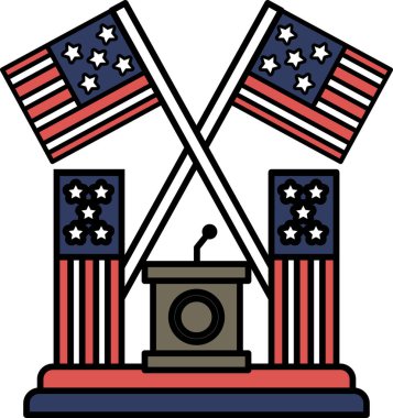 Bir podyum ve iki Amerikan bayraklı vatansever bir sahne. Bayraklar birbirinin üzerinden geçiyor ve podyum ortada.