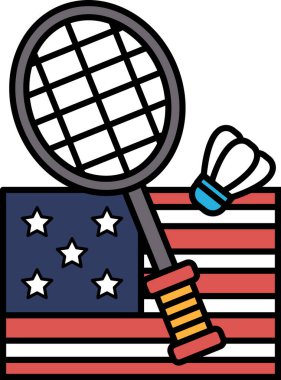Bir tenis raketi ve badminton raketi kırmızı, beyaz ve mavi Amerikan bayrağında