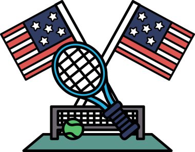 Bir tenis raketi ve bir tenis topu arka planda bir ağ ile yeşil bir yüzey üzerindedir. Bir tenis kortunun görüntüsü.